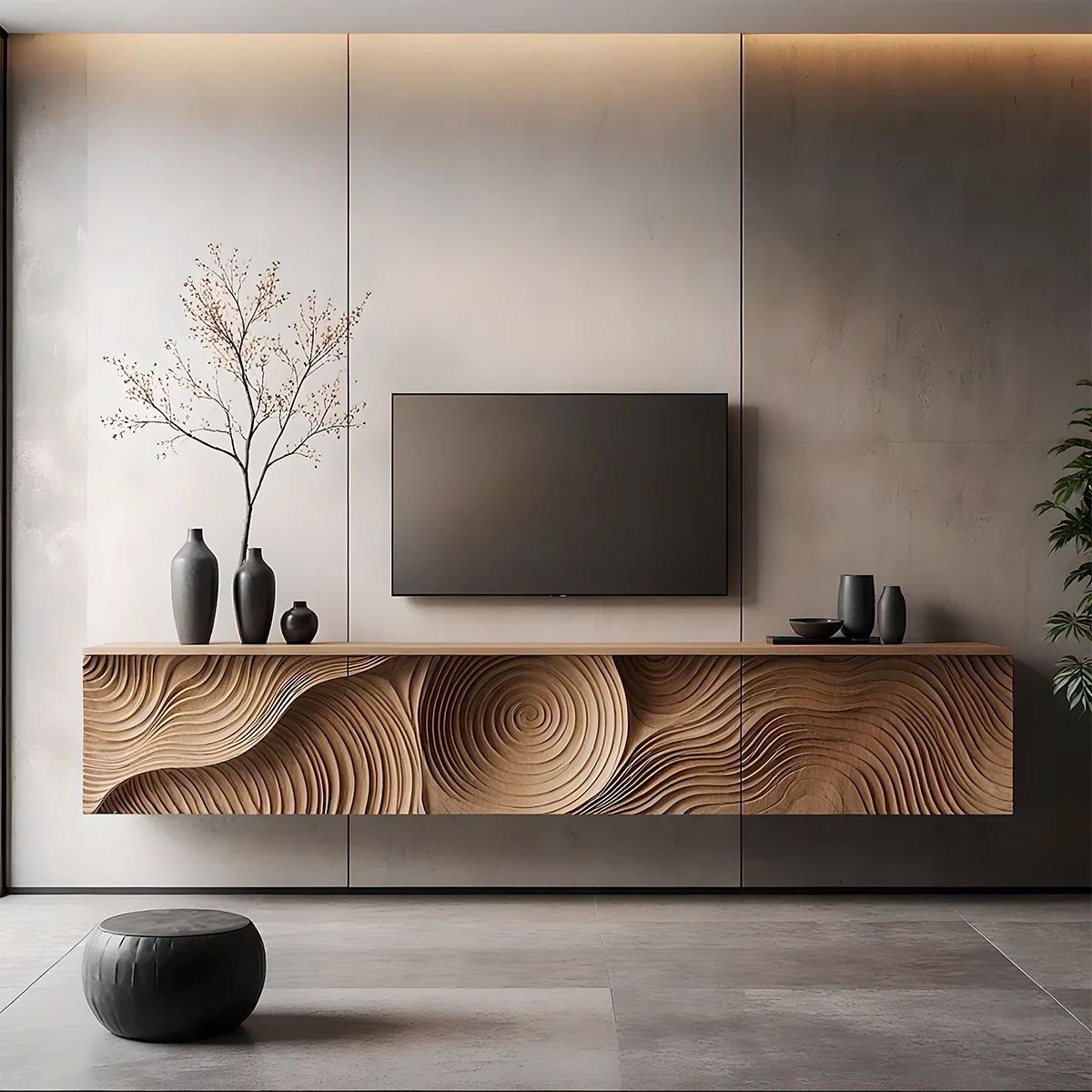 Solid Wood Floating TV Stand Modern Wall Mounted Media Console with Carved Front