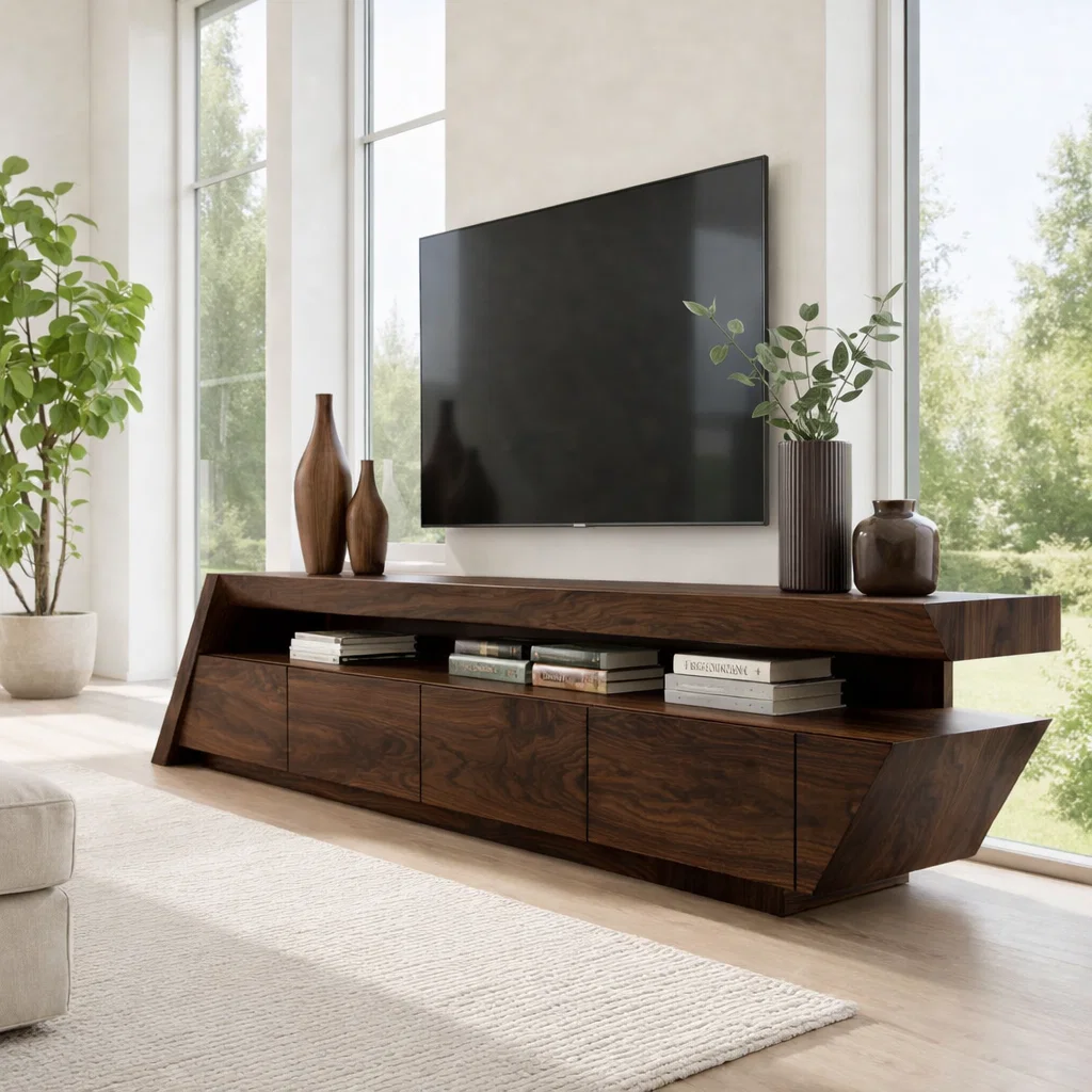 Solid Wood Media Console with Angled Design & Storage, Modern TV Stand