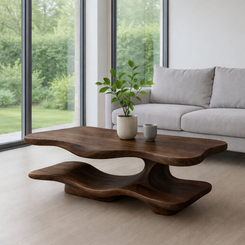 Solid Wood Coffee Table with Sculptural Curved Base and Organic Shape for Living Room