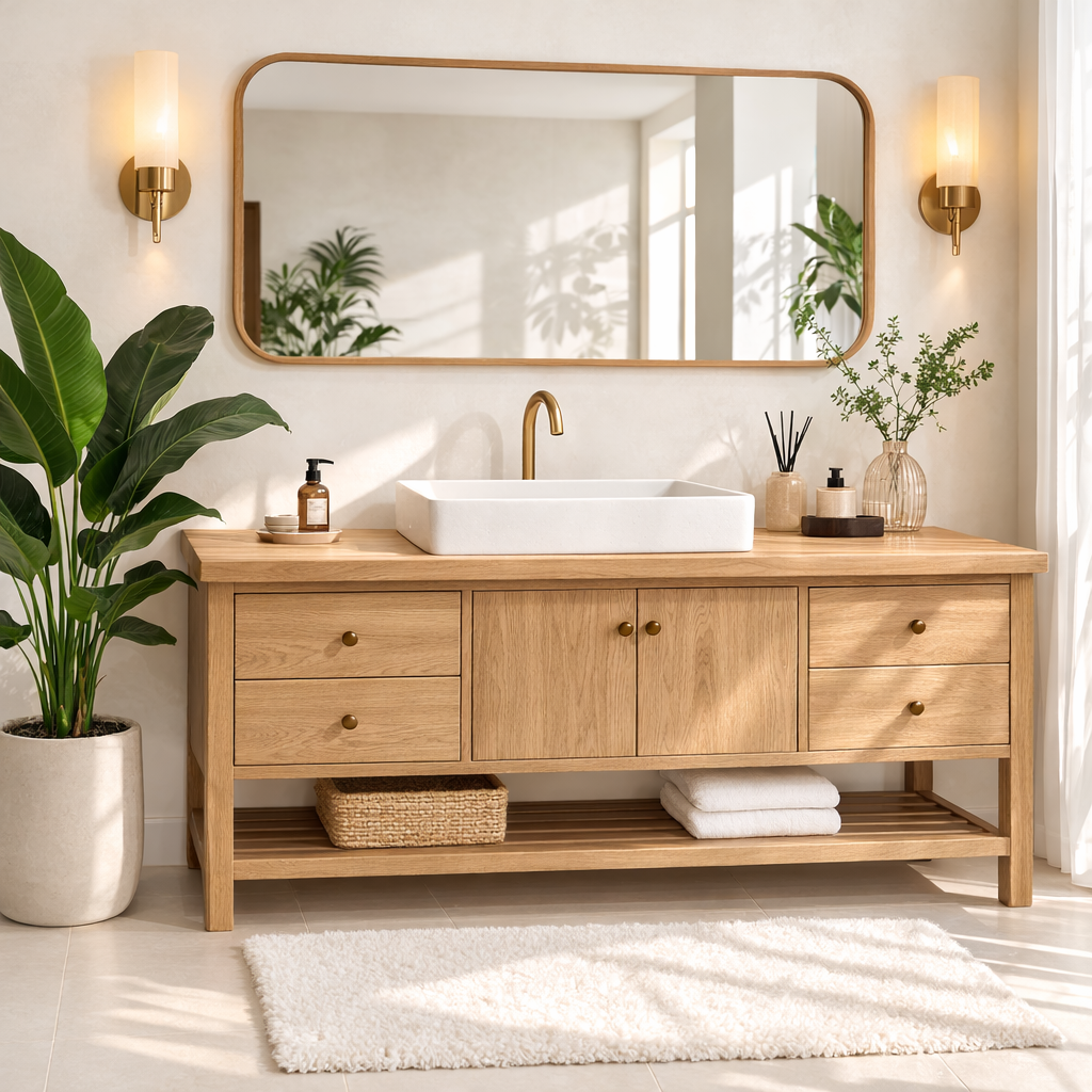 Rustic Bathroom Vanity with Open Shelves and Elegant Brass Faucet