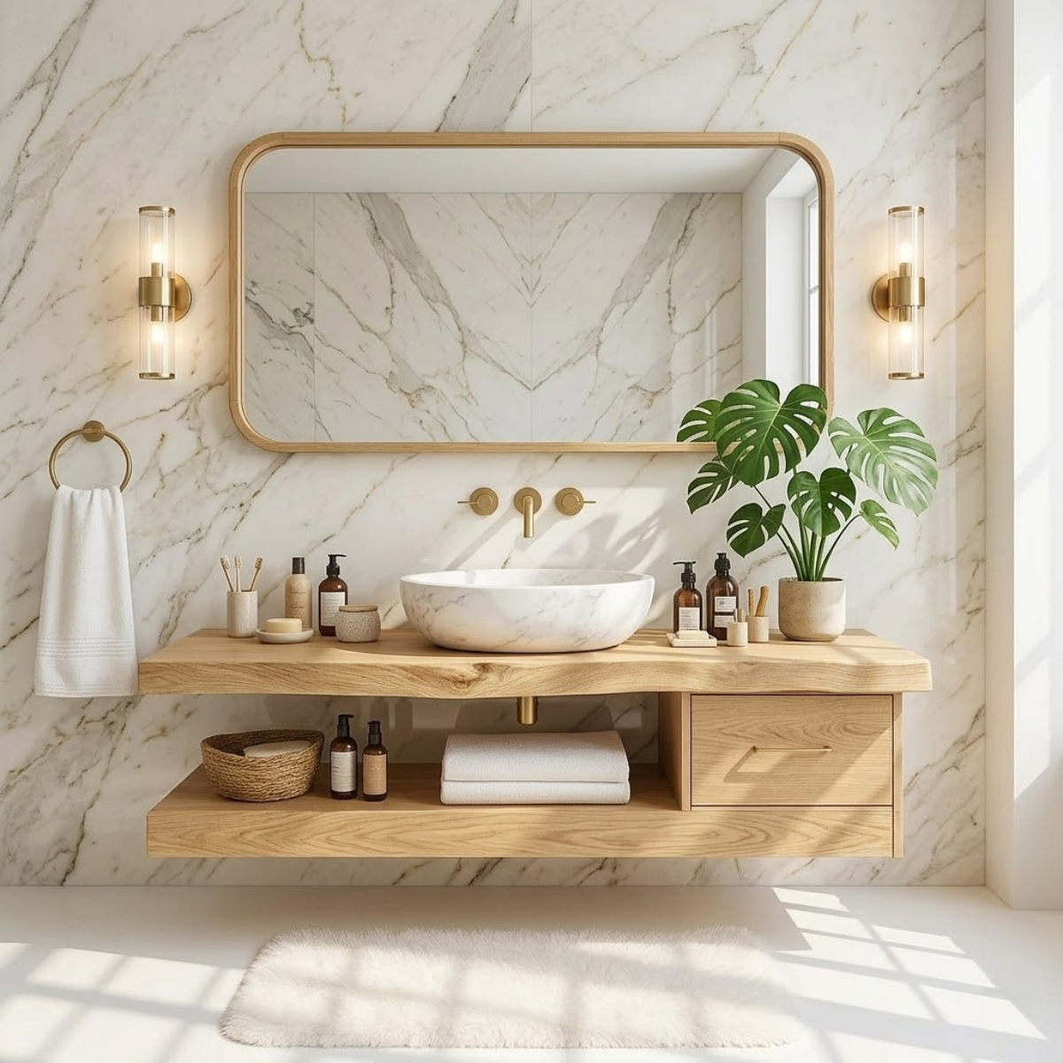 Floating Vanity with Natural Wood and Marble Sink, Modern Bathroom Design