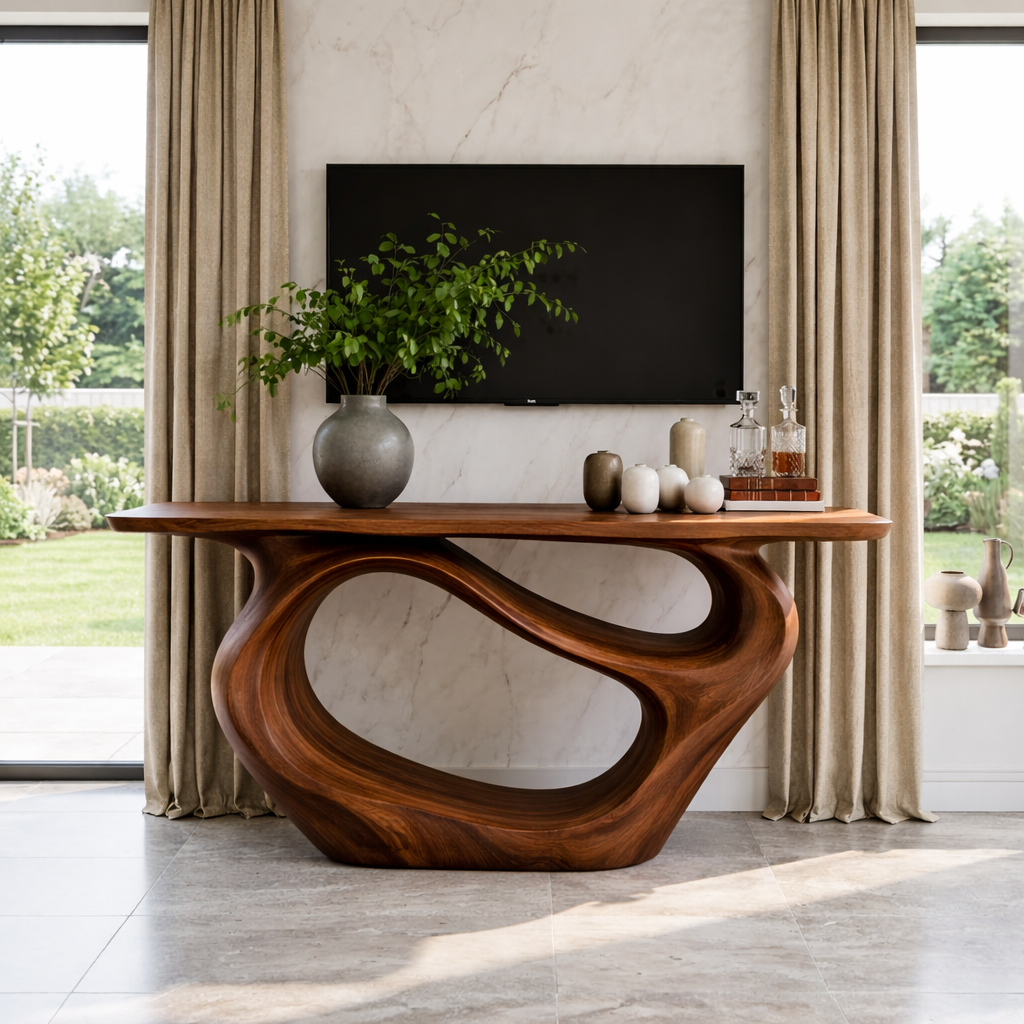 Solid Wood Console Table with Organic Curved Base, Modern Artistic Design