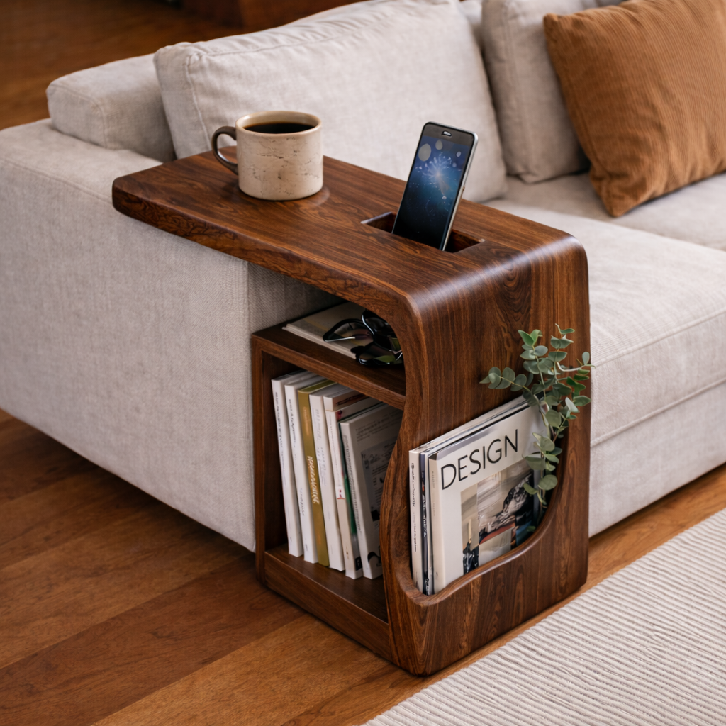 Solid Wood Sofa Armrest Table with Phone Holder – Couch Arm Tray with Storage