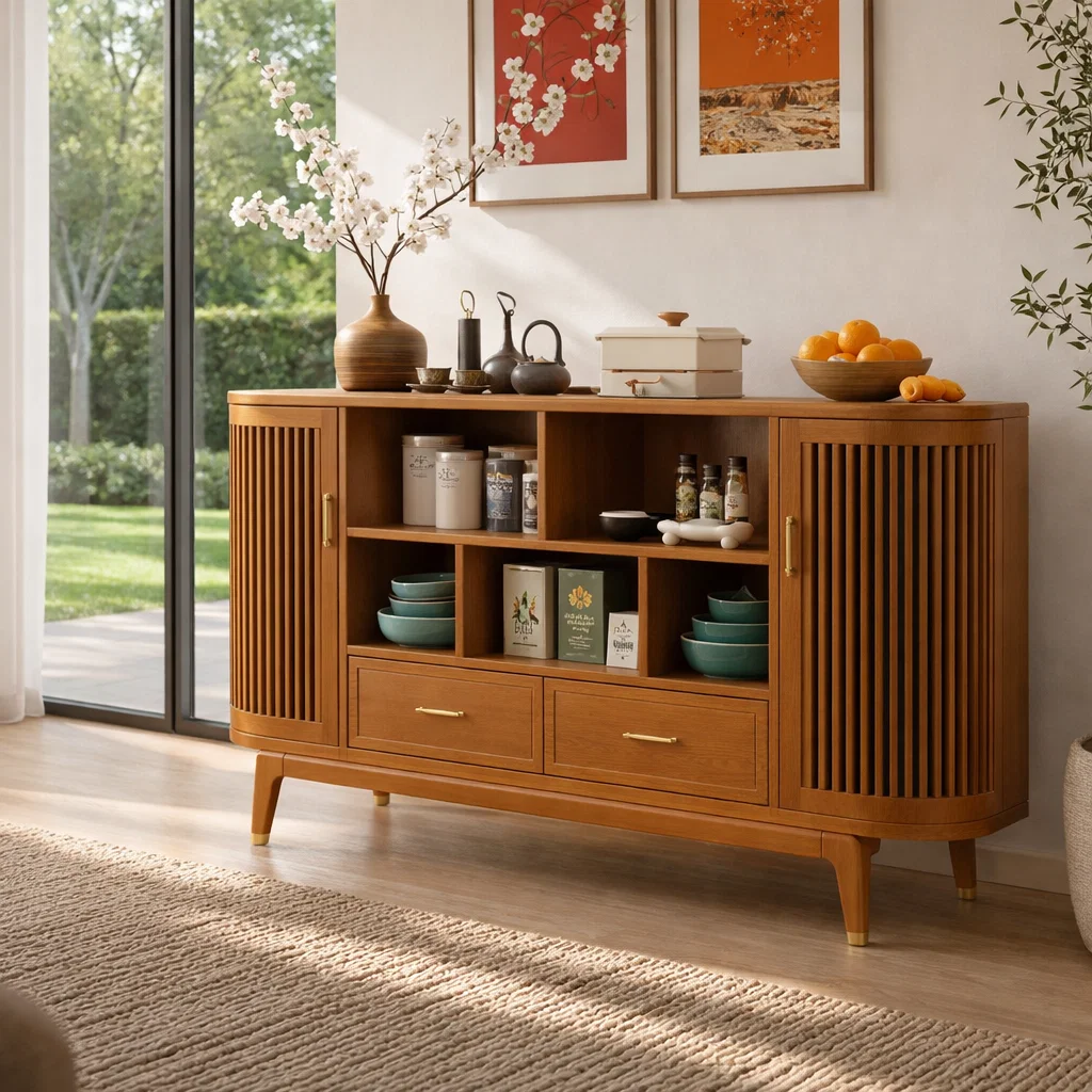 Mid Century Solid Wood Console Sideboard with Slatted Doors – Walnut Storage Cabinet