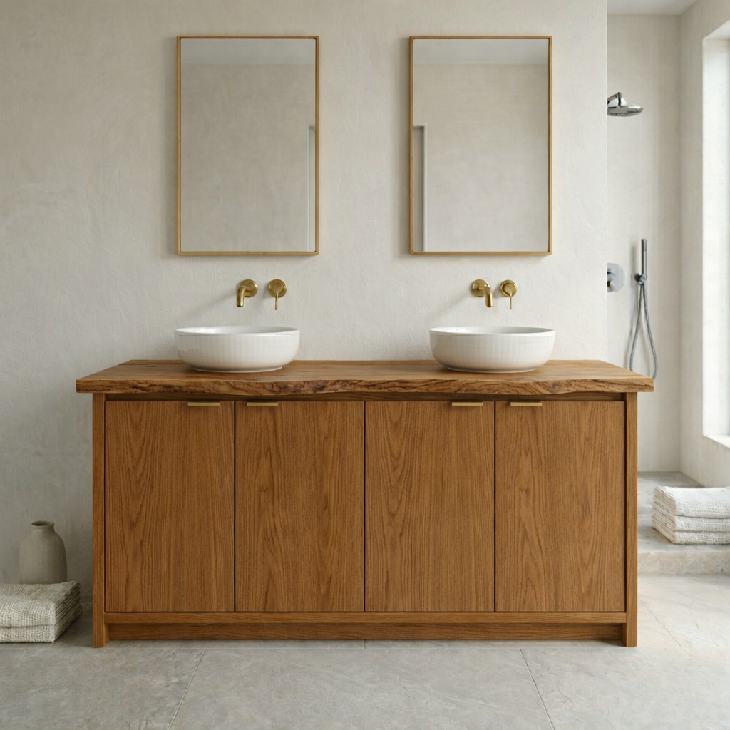 Solid Wood Bathroom Vanity Cabinet Double Sink Base Modern Natural Oak Finish