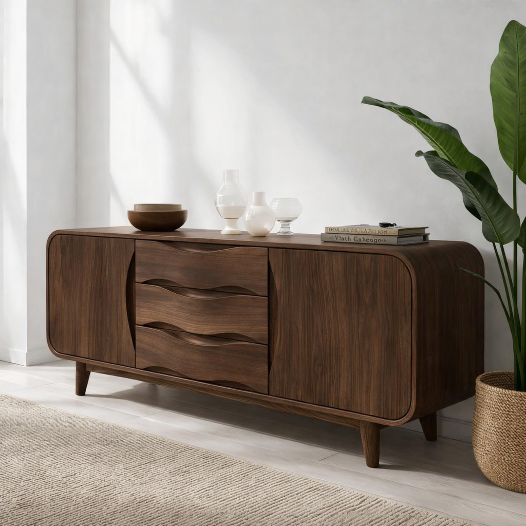 Solid Wood Console Table with Wave Drawers – Modern Entryway Storage Cabinet