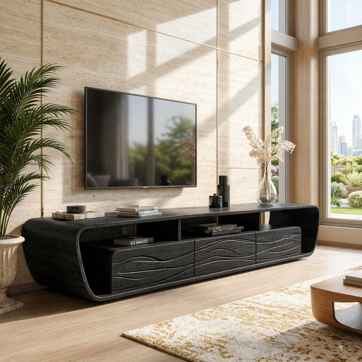 Modern Wave Front TV Console, Sculptural Entertainment Stand for Luxury Interiors