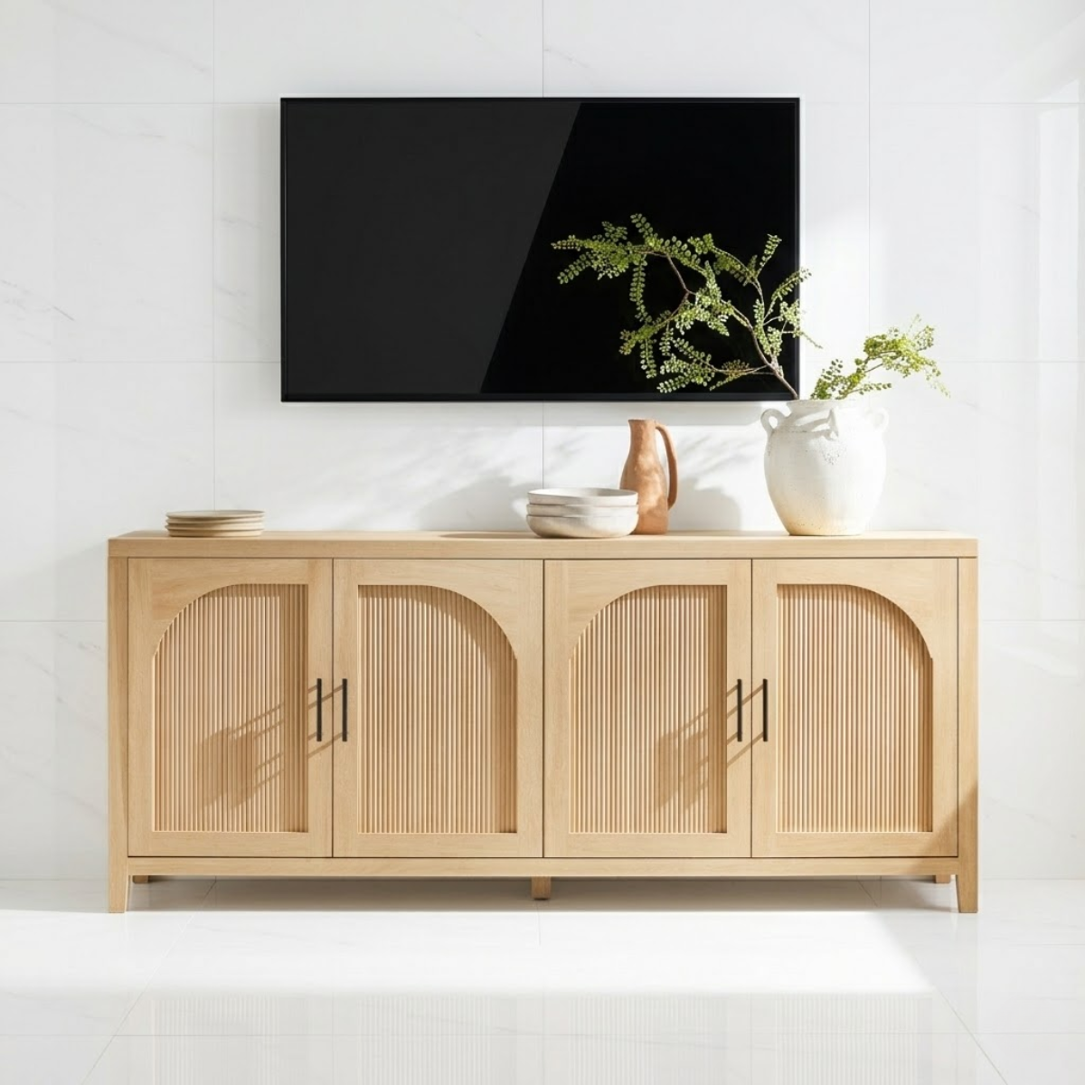 Modern Solid Wood TV Stand Arched Fluted Doors Media Console Storage Cabinet