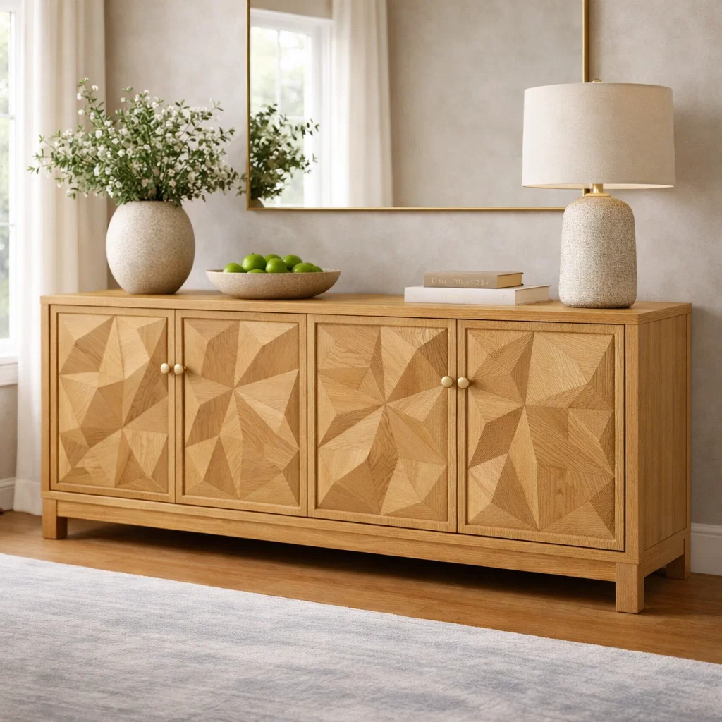 Solid Wood Console Cabinet with Geometric Carved Doors