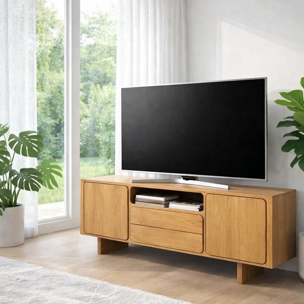 Solid Wood TV Console with Cabinets & Drawer – Modern Media Stand