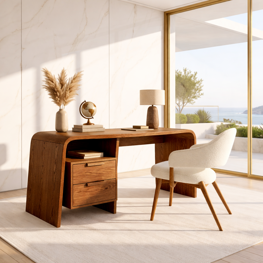 Modern Curved Writing Desk with Drawers Home Office Work Table Minimal Design