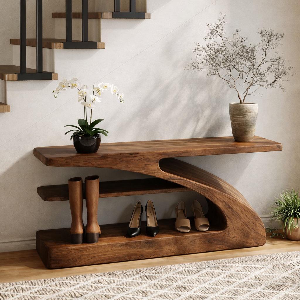 Modern Sculptural Solid Wood Entryway Bench with Shoe Storage