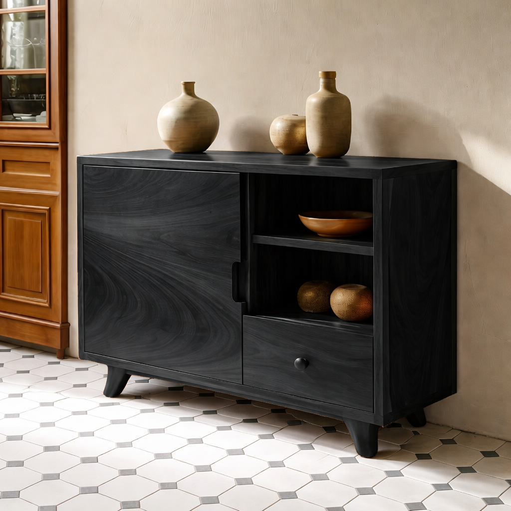 Solid Wood Console Cabinet | Mid-Century Modern with Open Shelving and Drawers