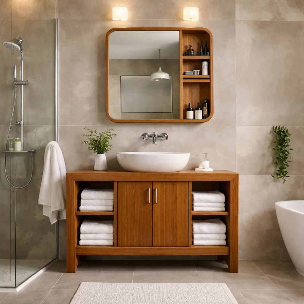 Modern Solid Wood Bathroom Vanity Cabinet with Open Shelves & Double Doors