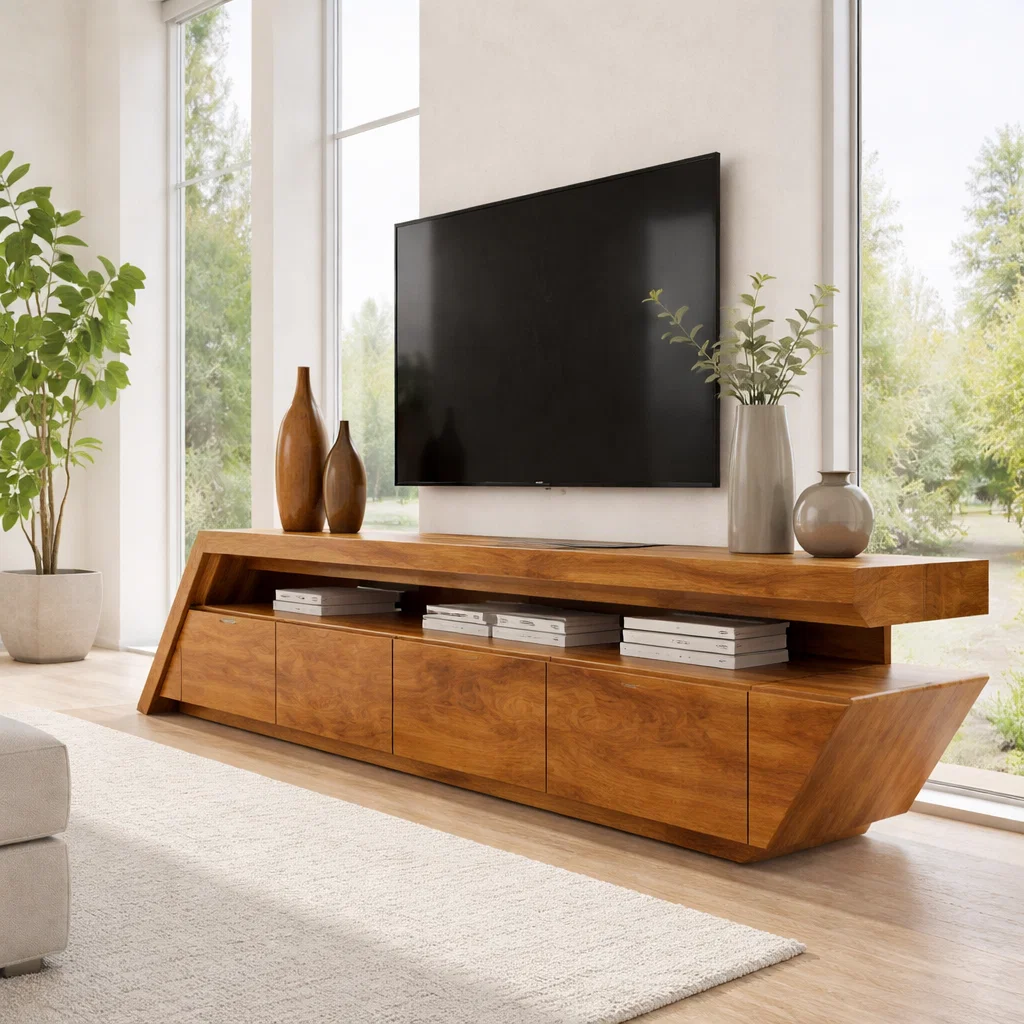 Solid Wood Media Console with Angled Design & Storage, Modern TV Stand