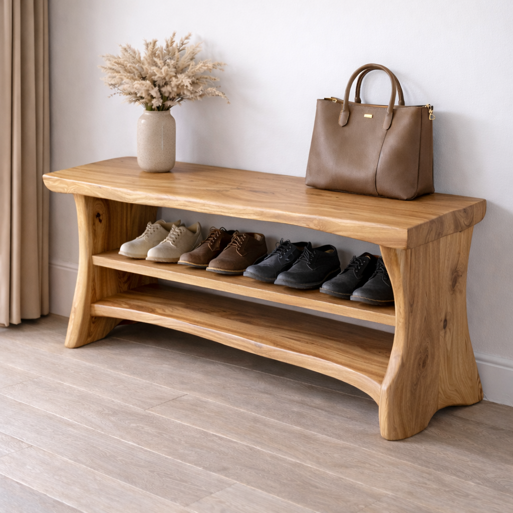Solid Wood Entryway Bench with Shoe Storage Shelf – Natural Wood Shoe Rack Bench