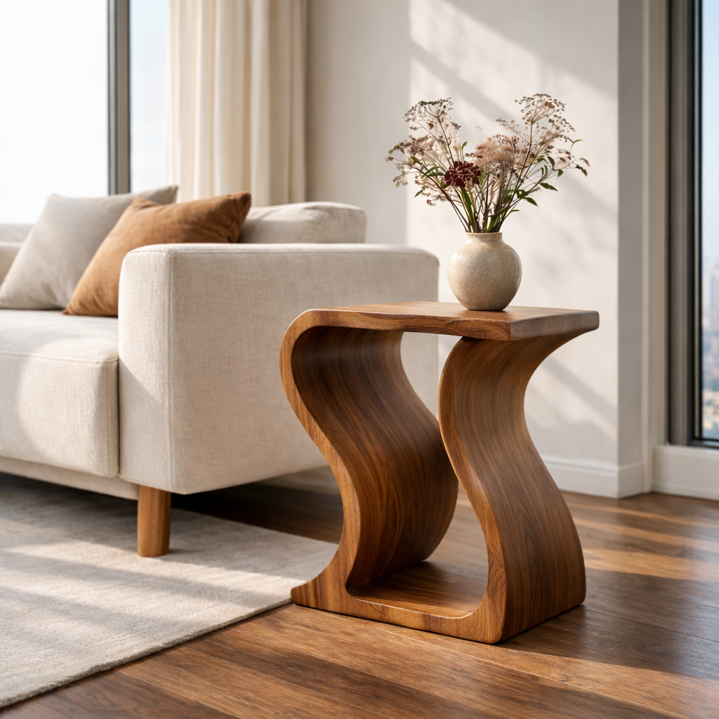 Modern Solid Wood End Table – Sculptural Curved Wooden Side Table for Living Room