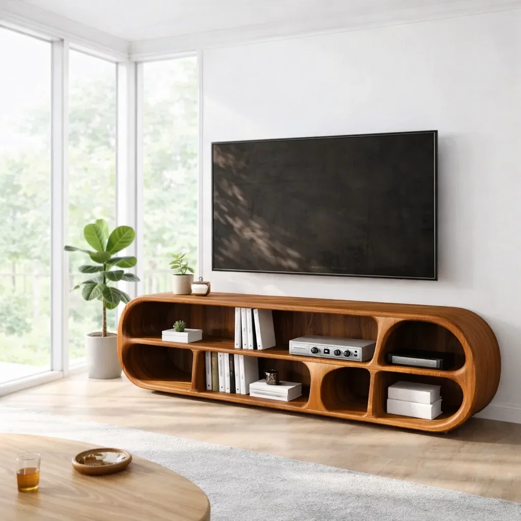 Solid Wood TV Console with Curved Design – Modern Media Unit with Open Storage