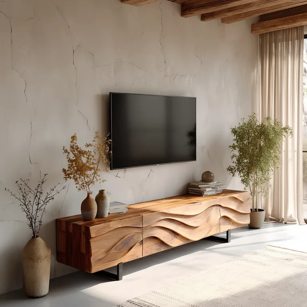 Solid Wood TV Stand Modern Floating Media Console with Sculpted Wave Front