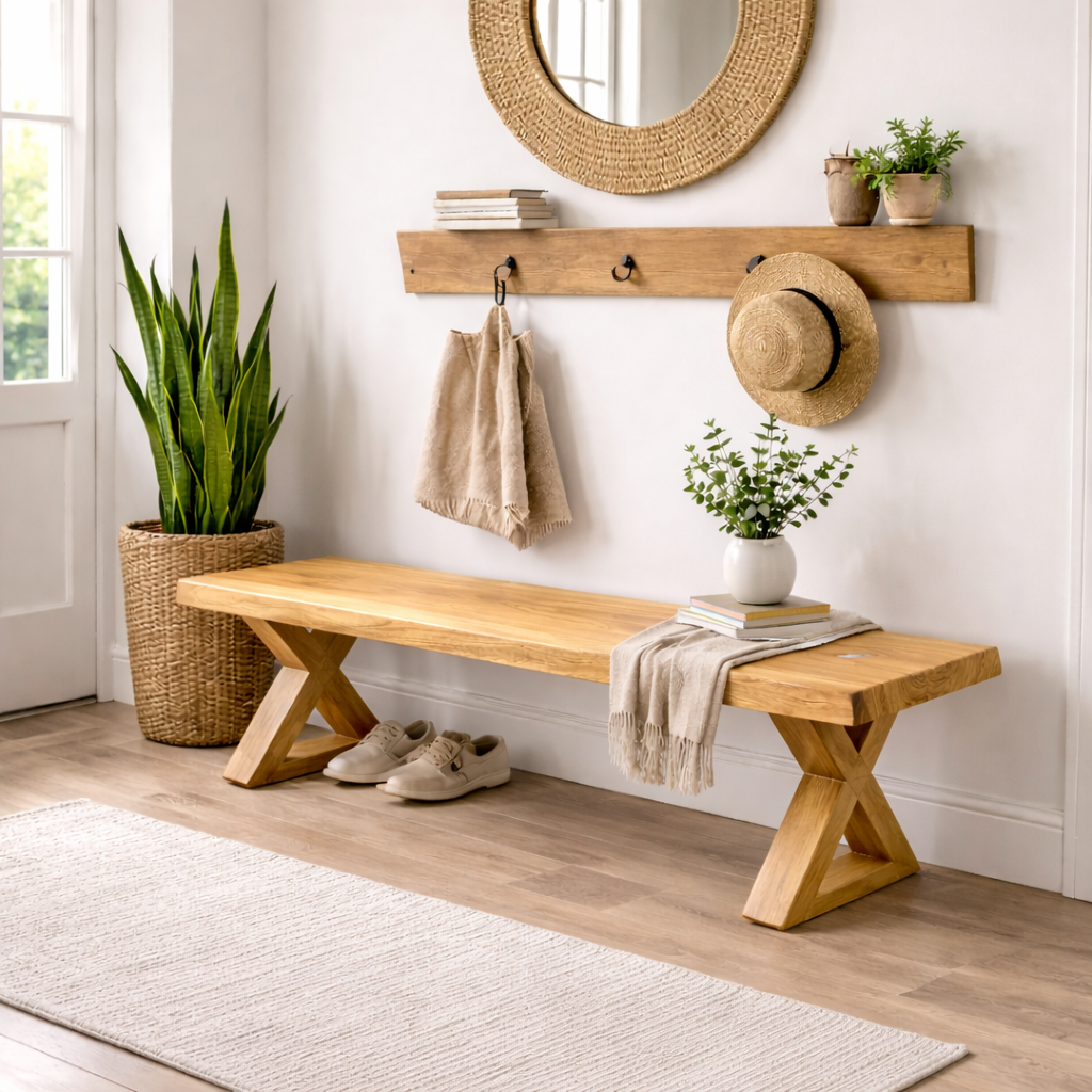 Solid Wood Entryway Bench with X-Leg Design | Rustic & Modern Hallway Seating