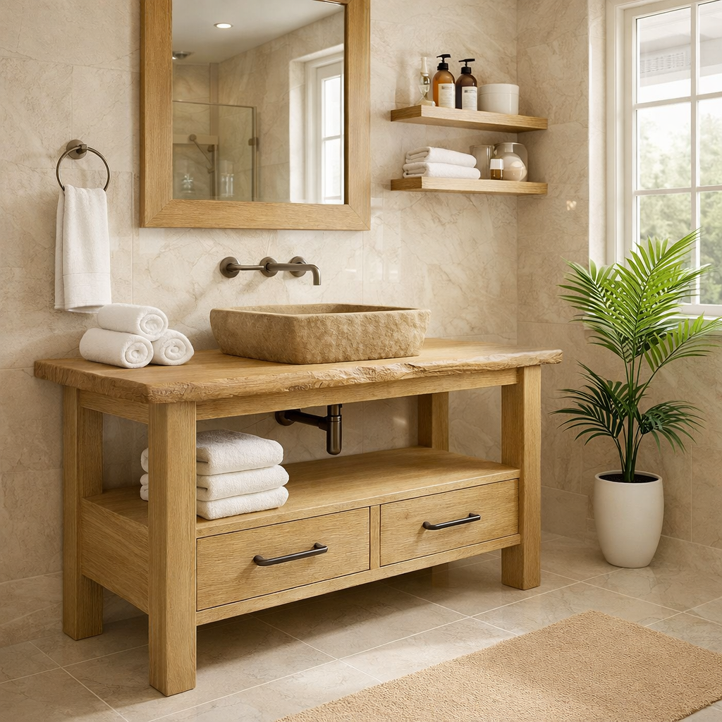 Rustic Solid Wood Bathroom Vanity Cabinet With Drawers And Storage Shelf