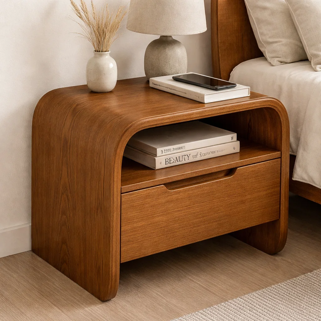 Curved Solid Wood End Table with Drawer and Shelf – Modern Bedside Nightstand