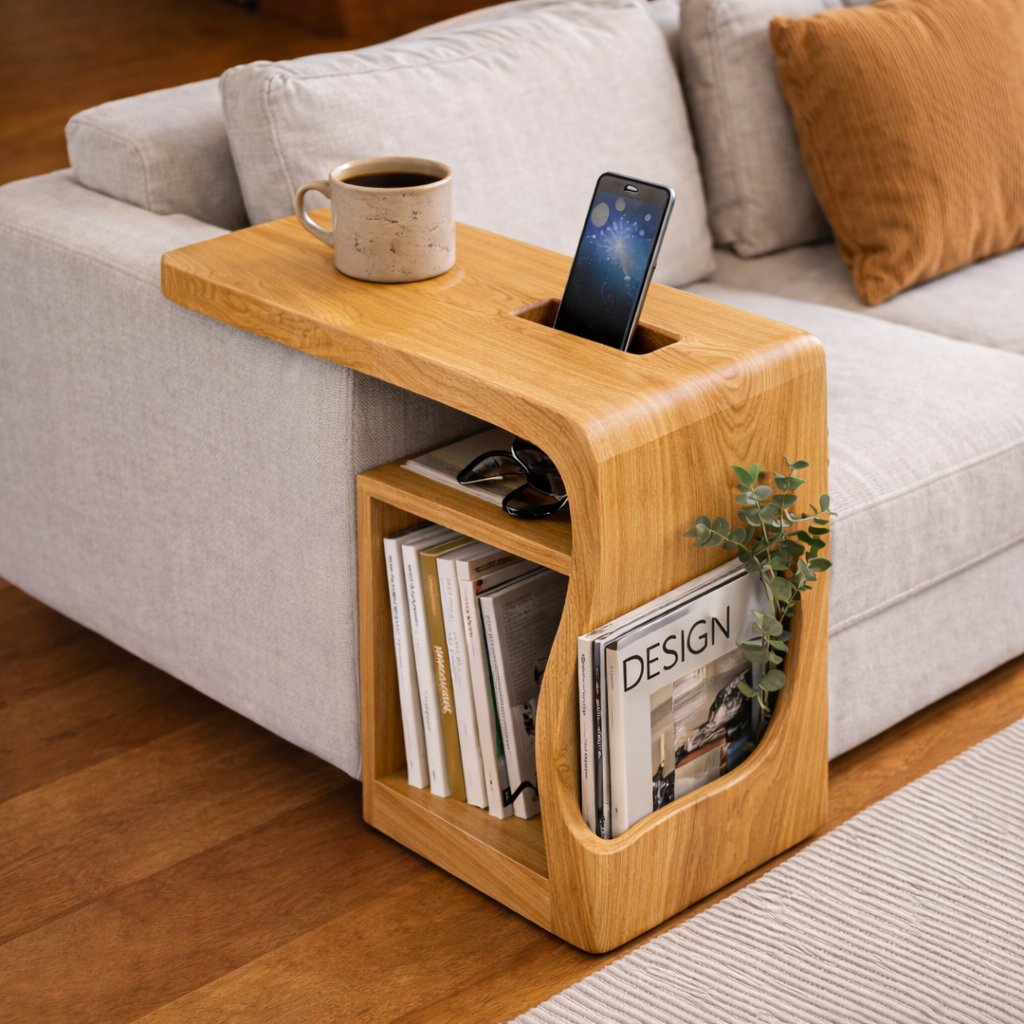 Solid Wood Sofa Armrest Table with Phone Holder – Couch Arm Tray with Storage
