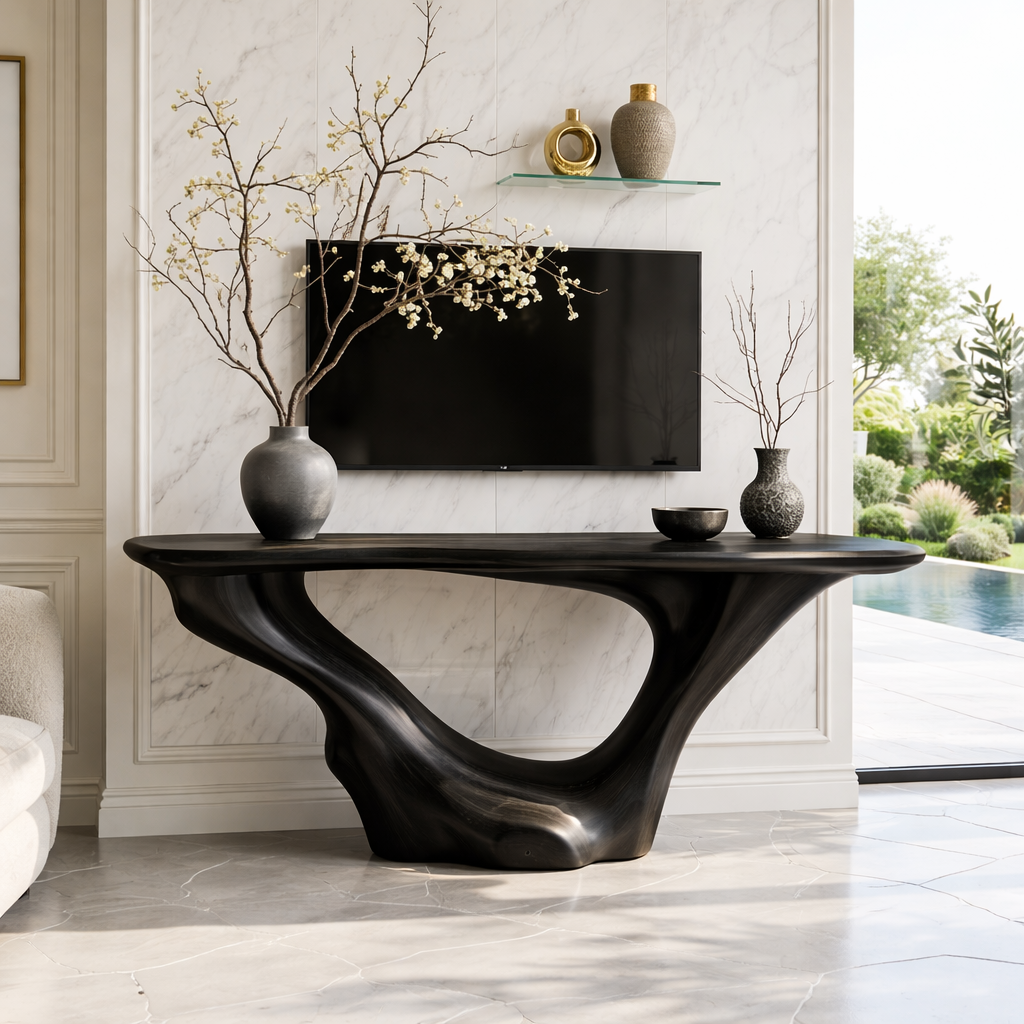 Solid Wood Console Table with Sculpted Curved Base, Modern Minimalist Design
