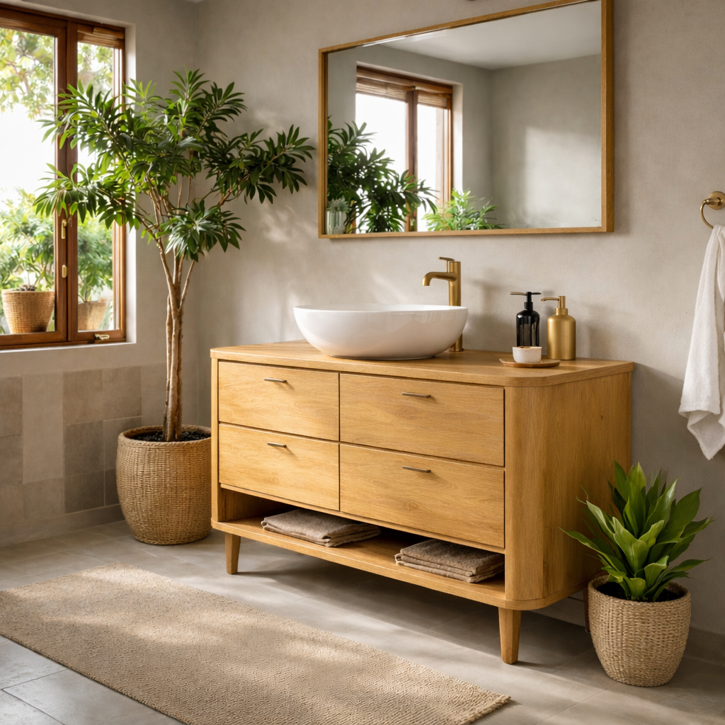 Solid Wood Bathroom Vanity with 4 Drawers and Open Shelf Storage for Modern Bathroom