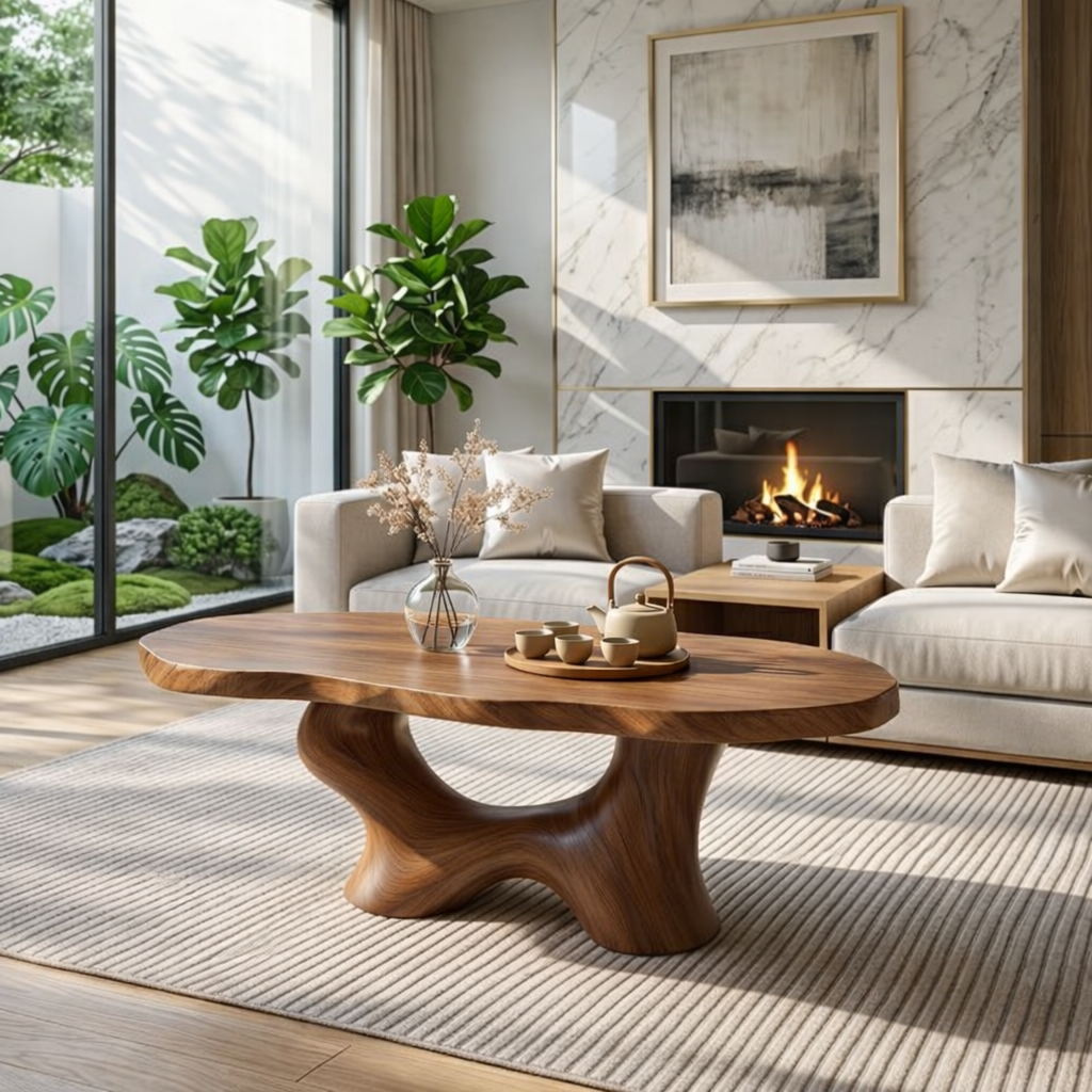 Modern Handcrafted Coffee Table, Sculptural Wooden Design with Elegant Curves