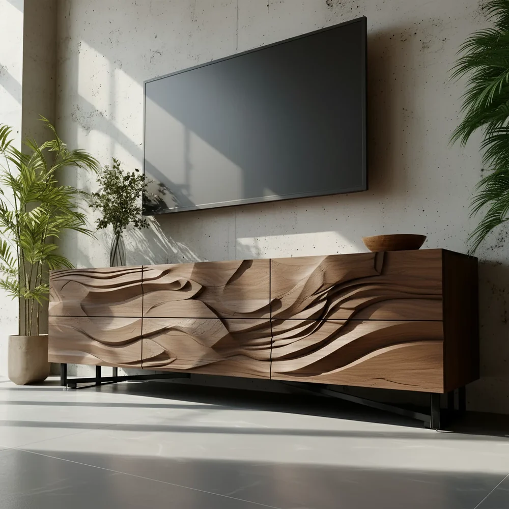 Solid Wood TV Stand Modern Walnut Media Console with Sculpted Wave Doors