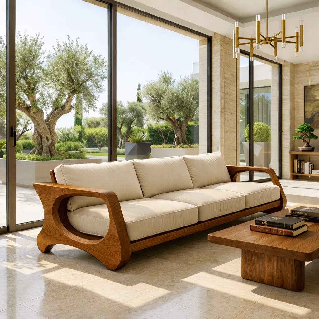Modern Sculptural Solid Wood Sofa with Beige Cushions Organic Curved Couch
