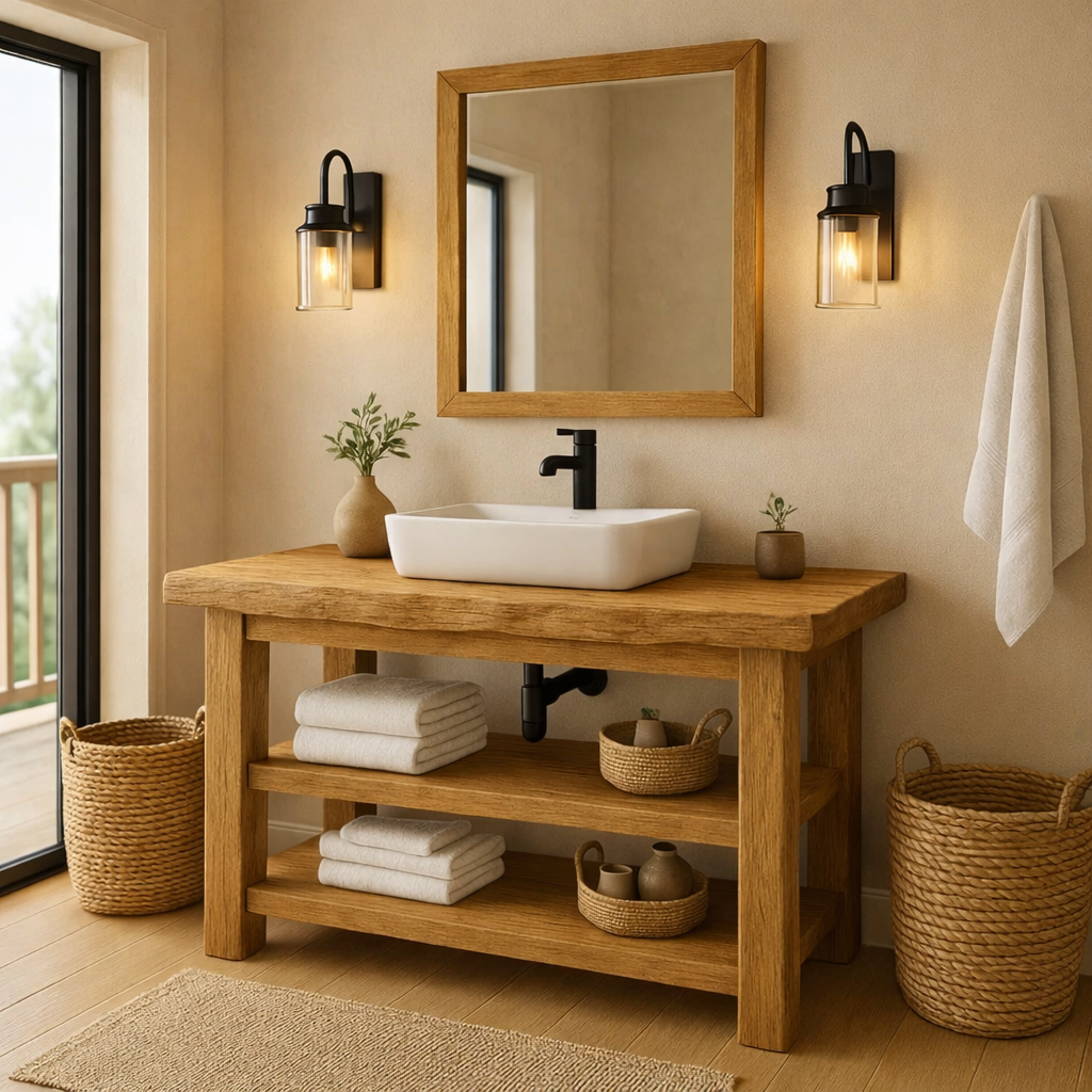 Rustic Solid Wood Bathroom Vanity with Vessel Sink and Open Storage