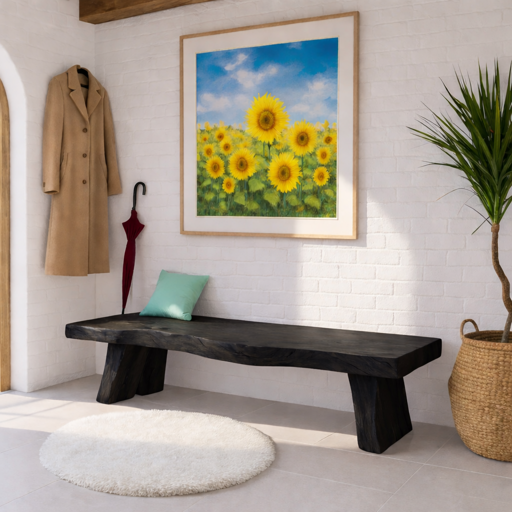 Solid Wood Entryway Bench with Sculptural Legs, Handmade Rustic Hallway Seat