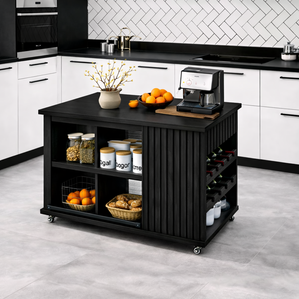 Rolling Kitchen Island with Storage Shelves, Modern Kitchen Cart, Portable Prep Table with Wine Rack