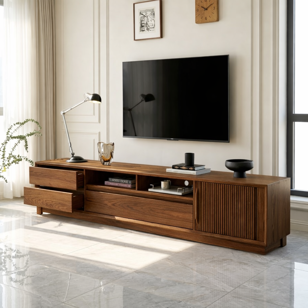 Solid Wood TV Stand with Drawers and Slatted Door, Modern Media Console