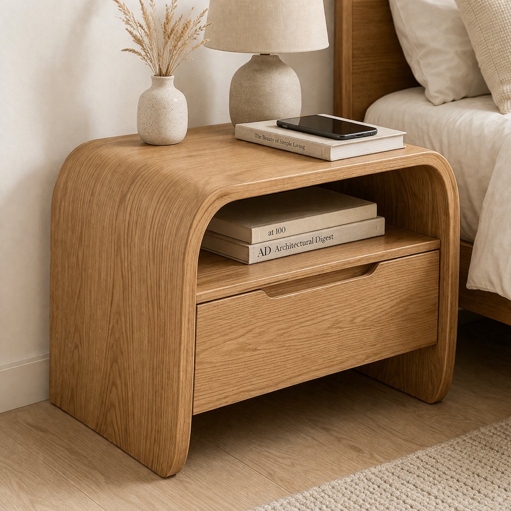 Curved Solid Wood End Table with Drawer and Shelf – Modern Bedside Nightstand