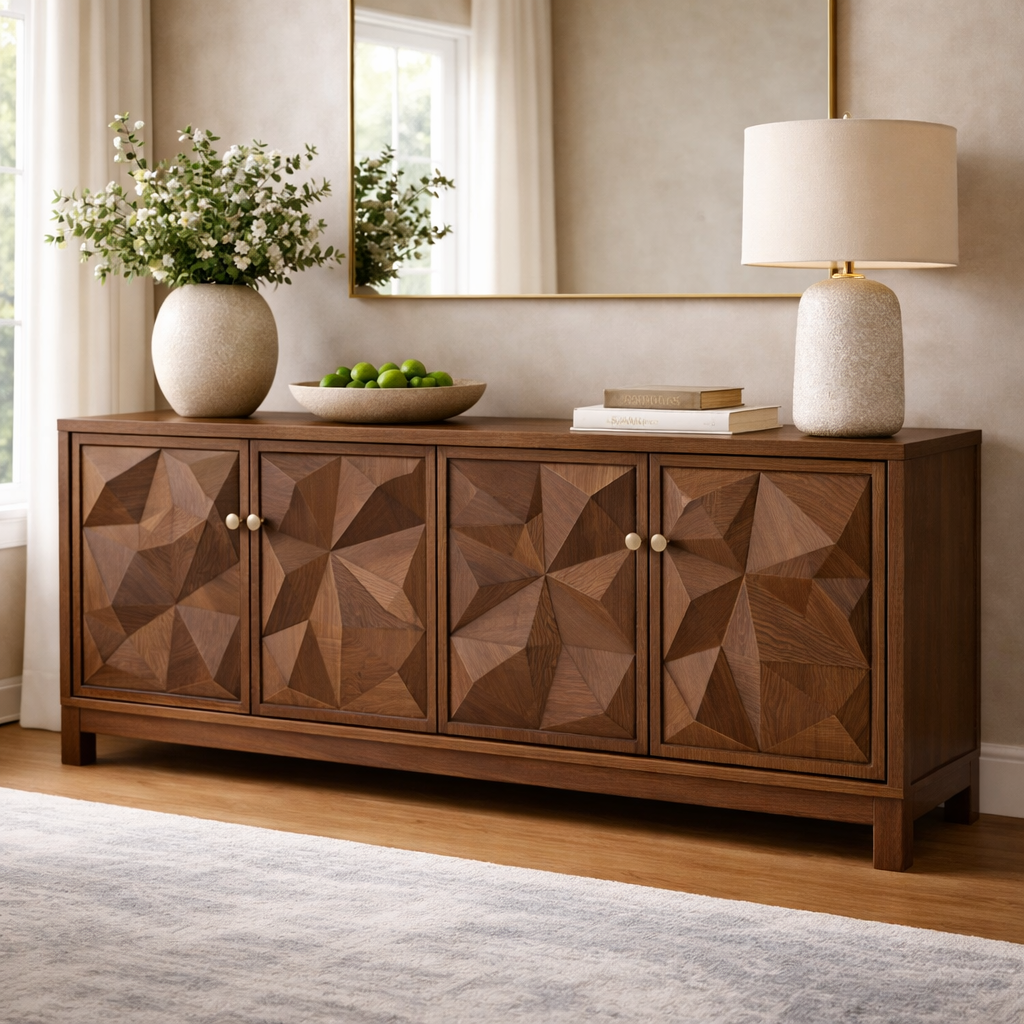 Solid Wood Console Cabinet with Geometric Carved Doors