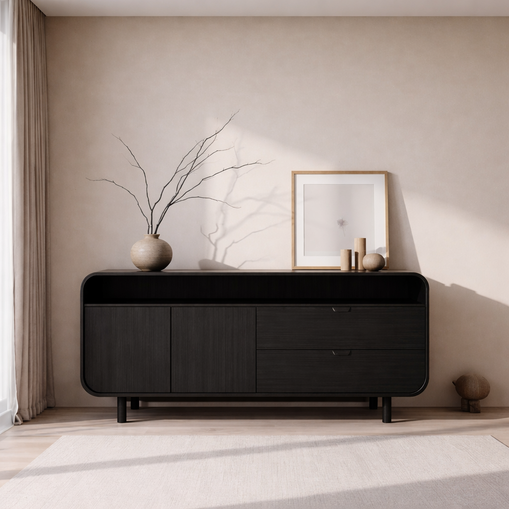 Contemporary Solid Wood Console Cabinet with Sliding Doors – Modern Storage Unit