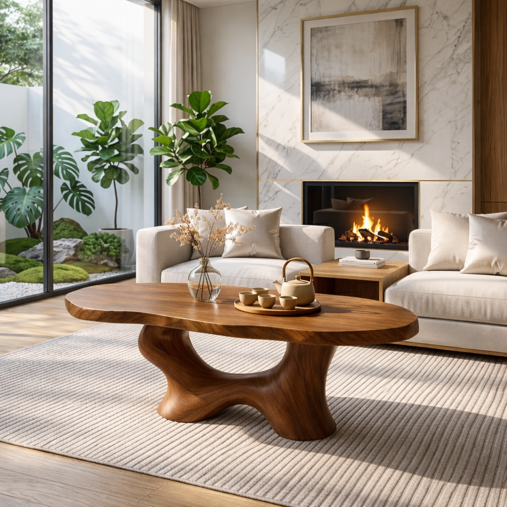 Modern Handcrafted Coffee Table, Sculptural Wooden Design with Elegant Curves