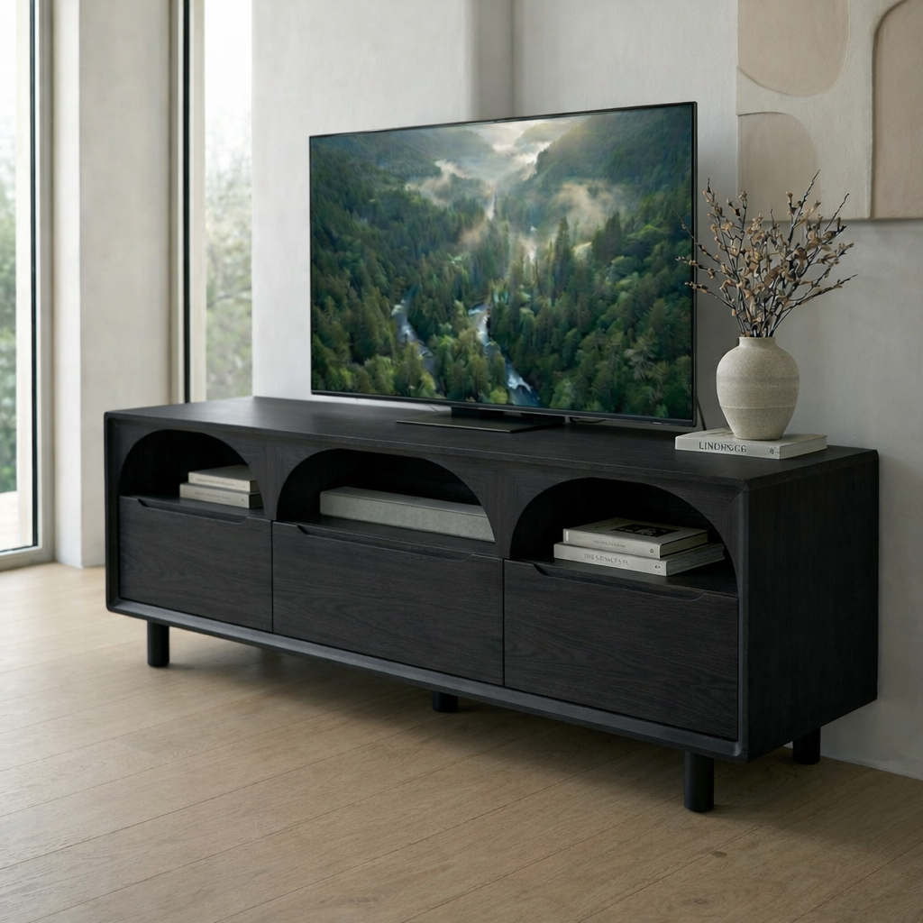 Solid Wood Media Console with Arched Shelves – Modern TV Stand Storage Unit