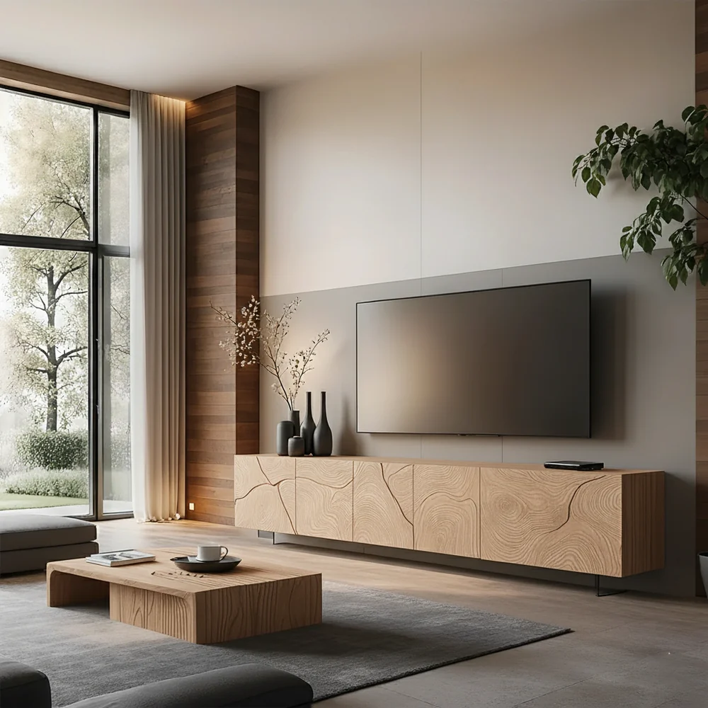 Solid Wood Floating TV Stand Modern Wall Mounted Media Console with Carved Design