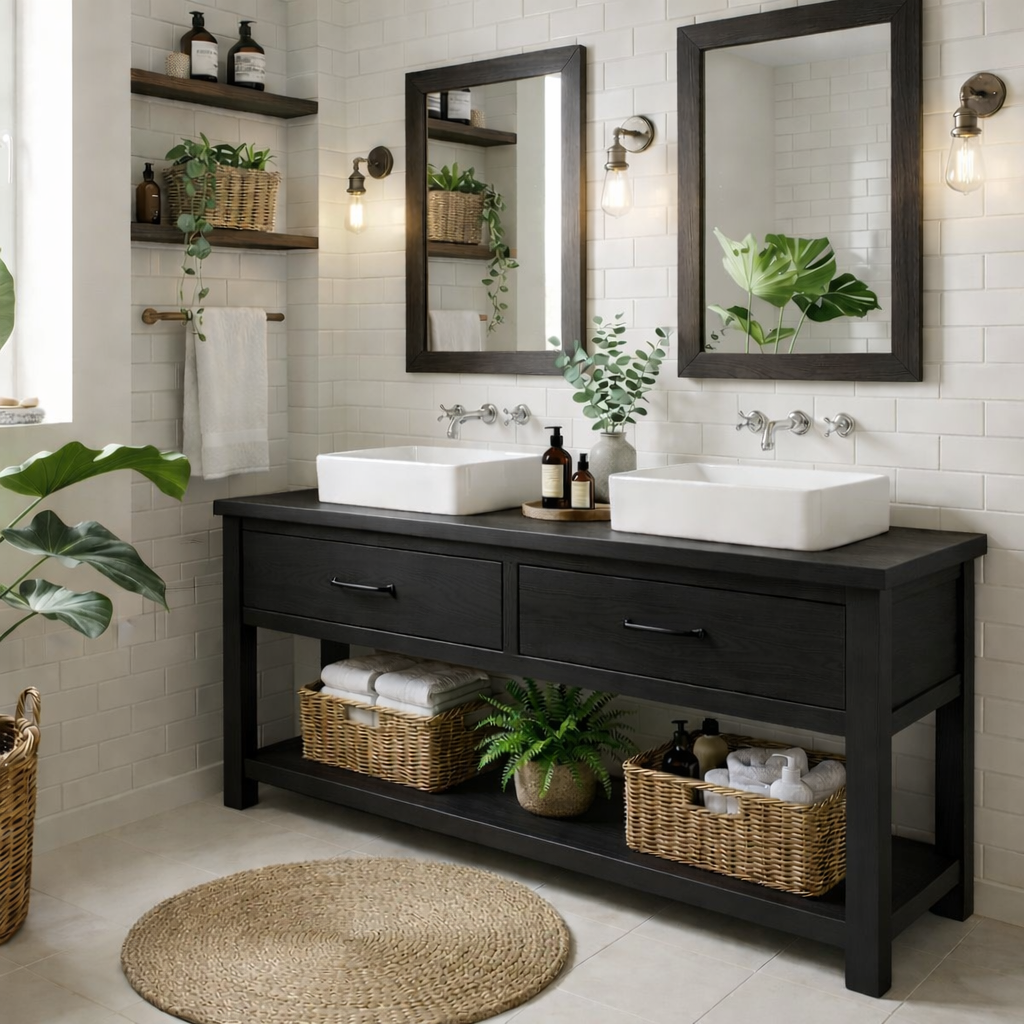 Modern Farmhouse Bathroom Vanity Cabinet Double Sink Base Wood Bathroom Console Storage