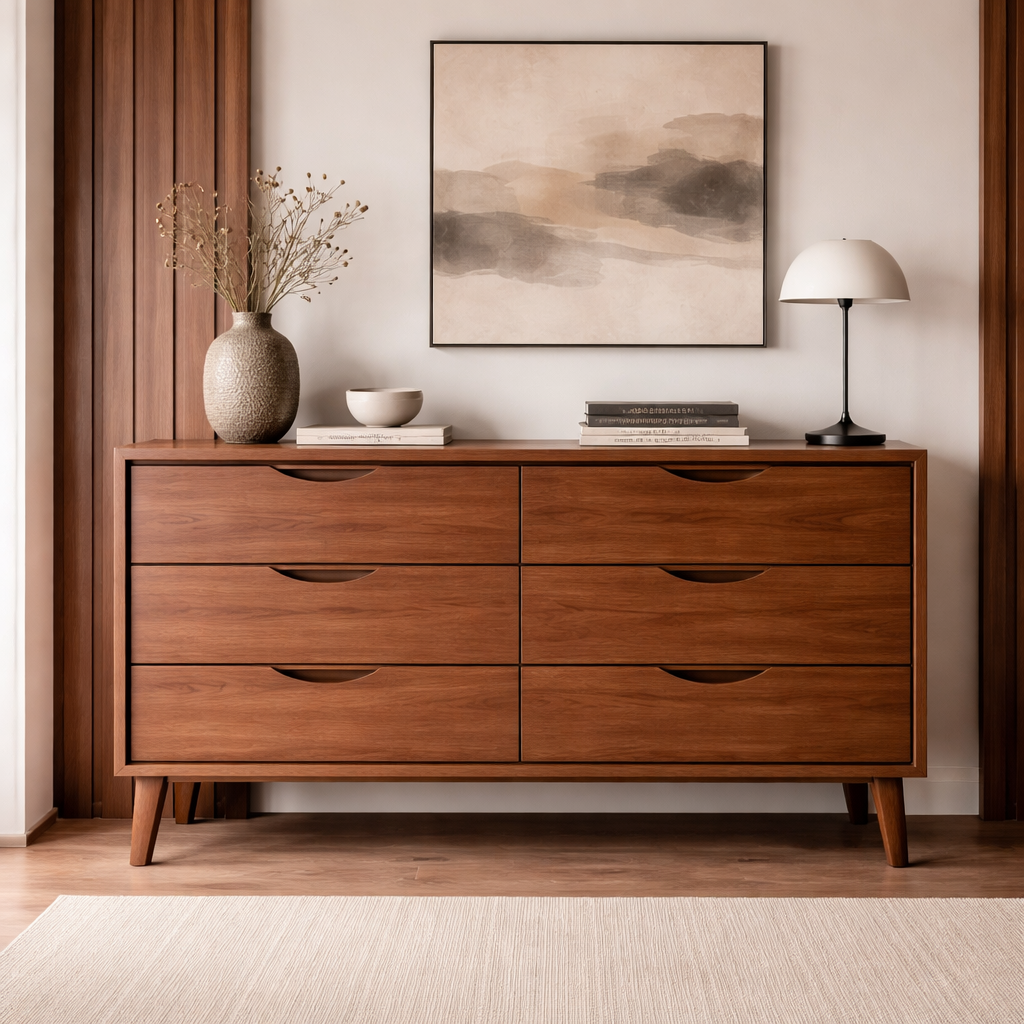 Solid Wood Console Cabinet with 6 Drawers – Modern Mid-Century Storage Sideboard