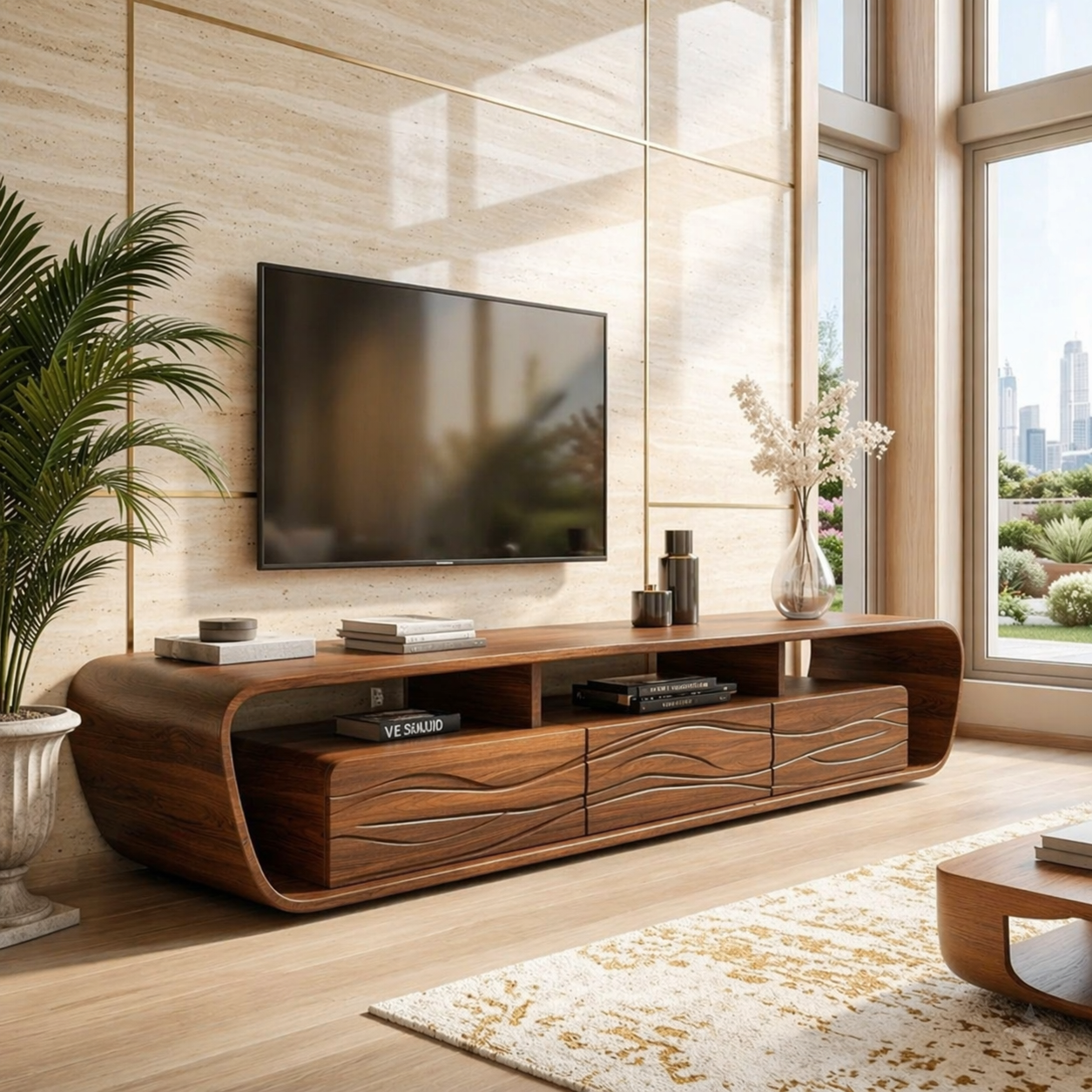 Modern Wave Front TV Console, Sculptural Entertainment Stand for Luxury Interiors