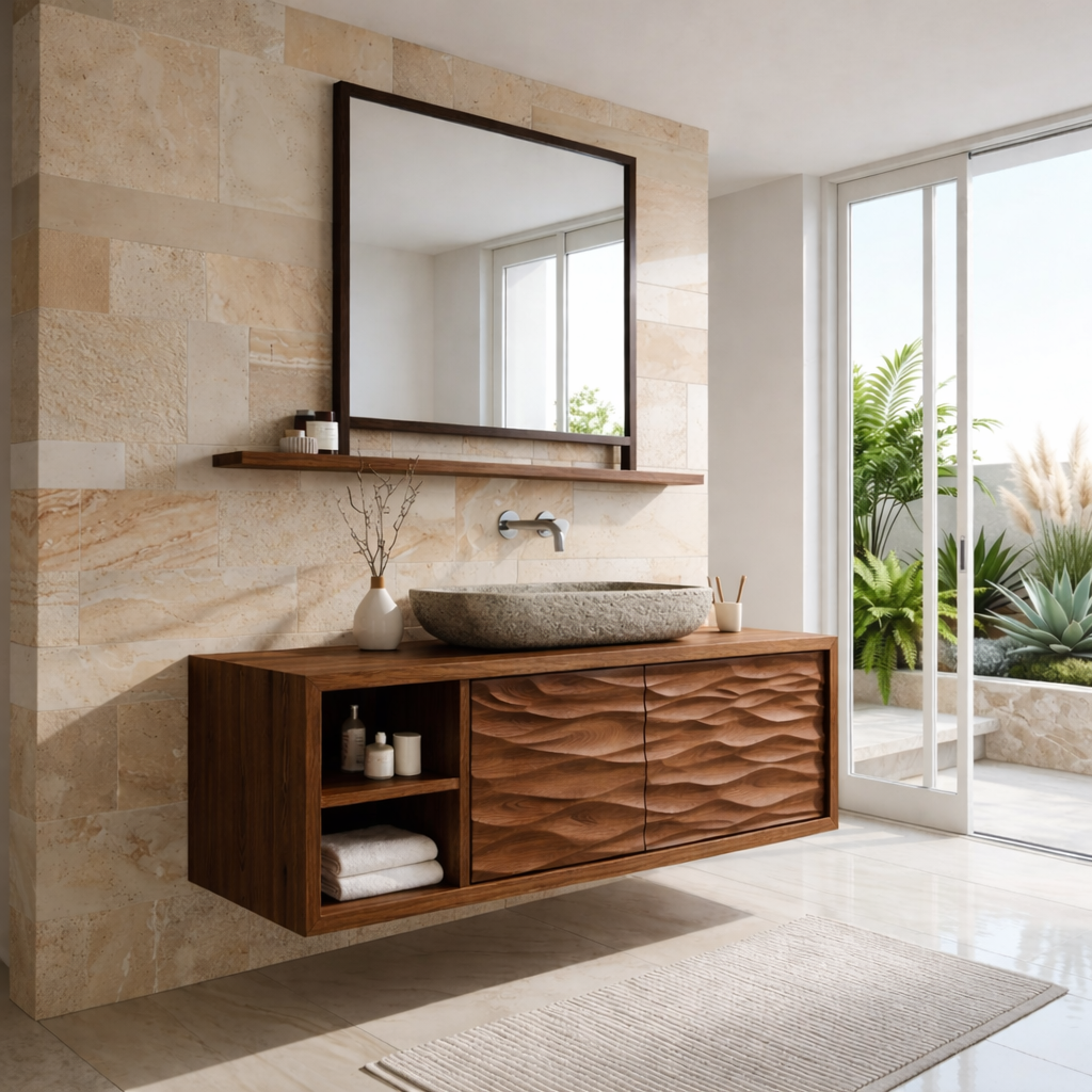 Modern Solid Wood Bathroom Vanity with Floating Storage and Textured Front Doors
