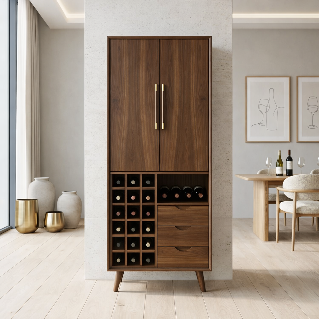 Modern Wine Cabinet with Bottle Rack, Drawers and Tall Concealed Storage