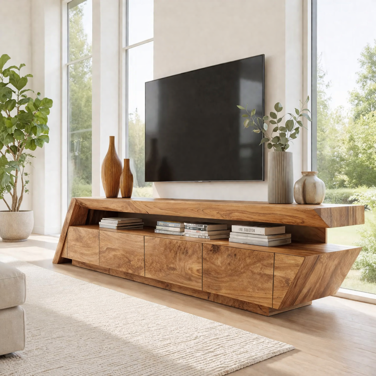 Solid Wood Media Console with Angled Design & Storage, Modern TV Stand