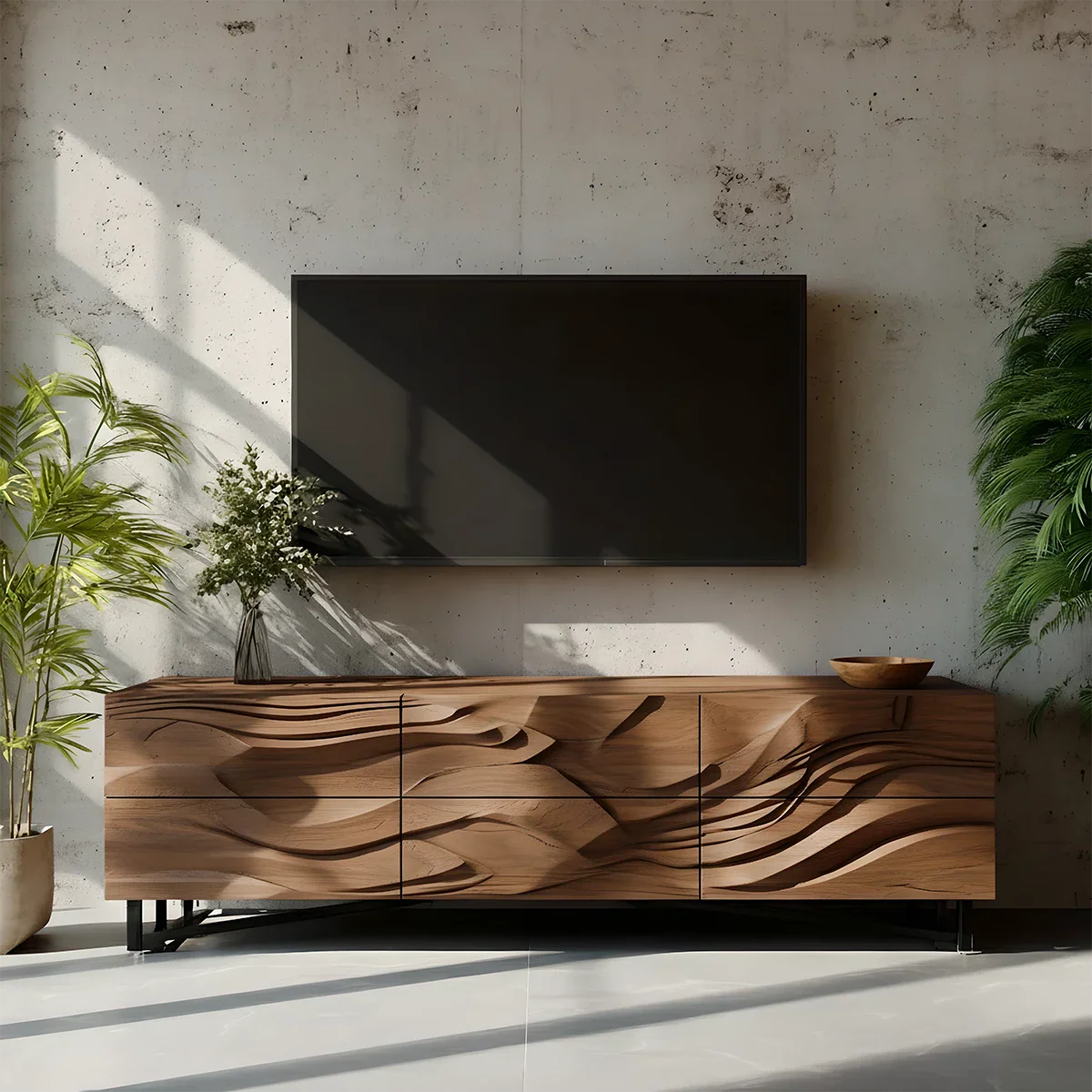 Solid Wood TV Stand Modern Walnut Media Console with Sculpted Wave Doors