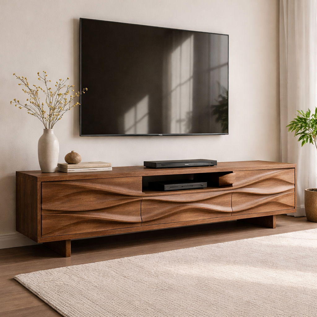 Solid Wood TV Console with Wave Front Design and Media Storage